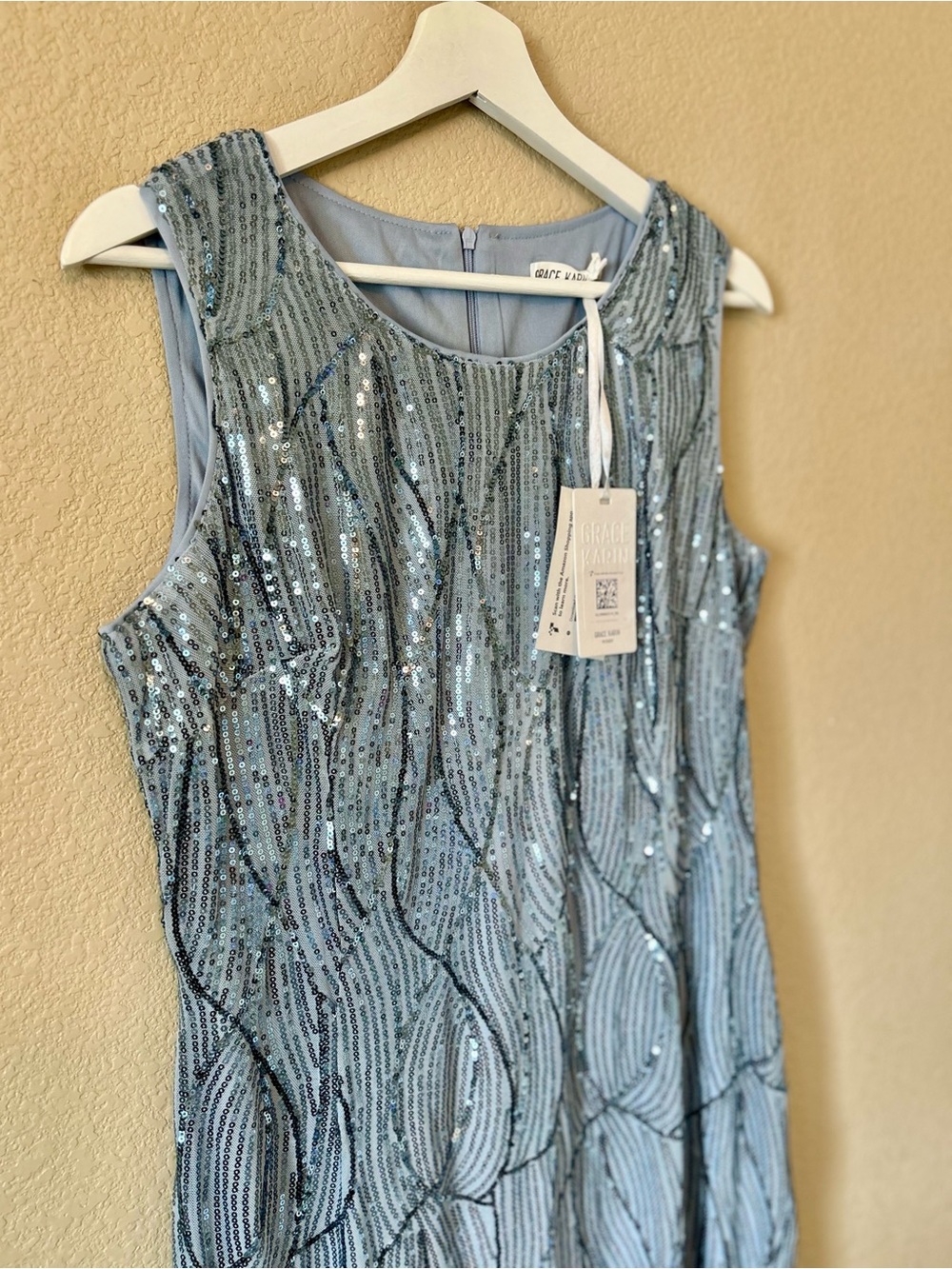 NWT Grace Karin Blue Sequin Sheath Dress in Light Blue Midi Party Size L Chic - Picture 3 of 9